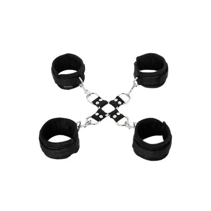 Black soft hogtie restraint set with adjustable wrist cuffs, ankle cuffs, and central connector harness.
