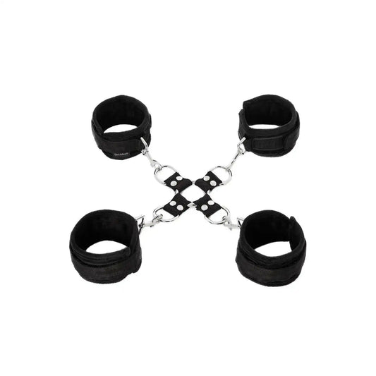 Black soft hogtie restraint set with adjustable wrist cuffs, ankle cuffs, and central connector harness.
