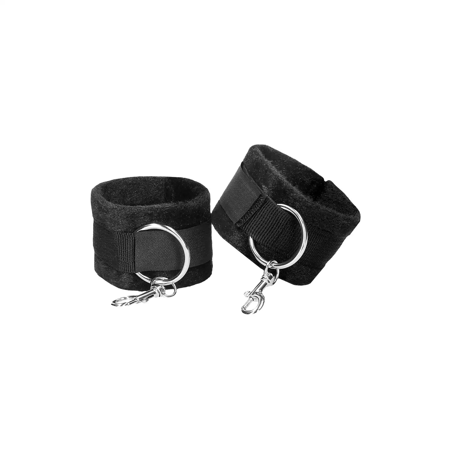 Black soft hogtie restraint set with adjustable wrist cuffs, ankle cuffs, and central connector harness.
