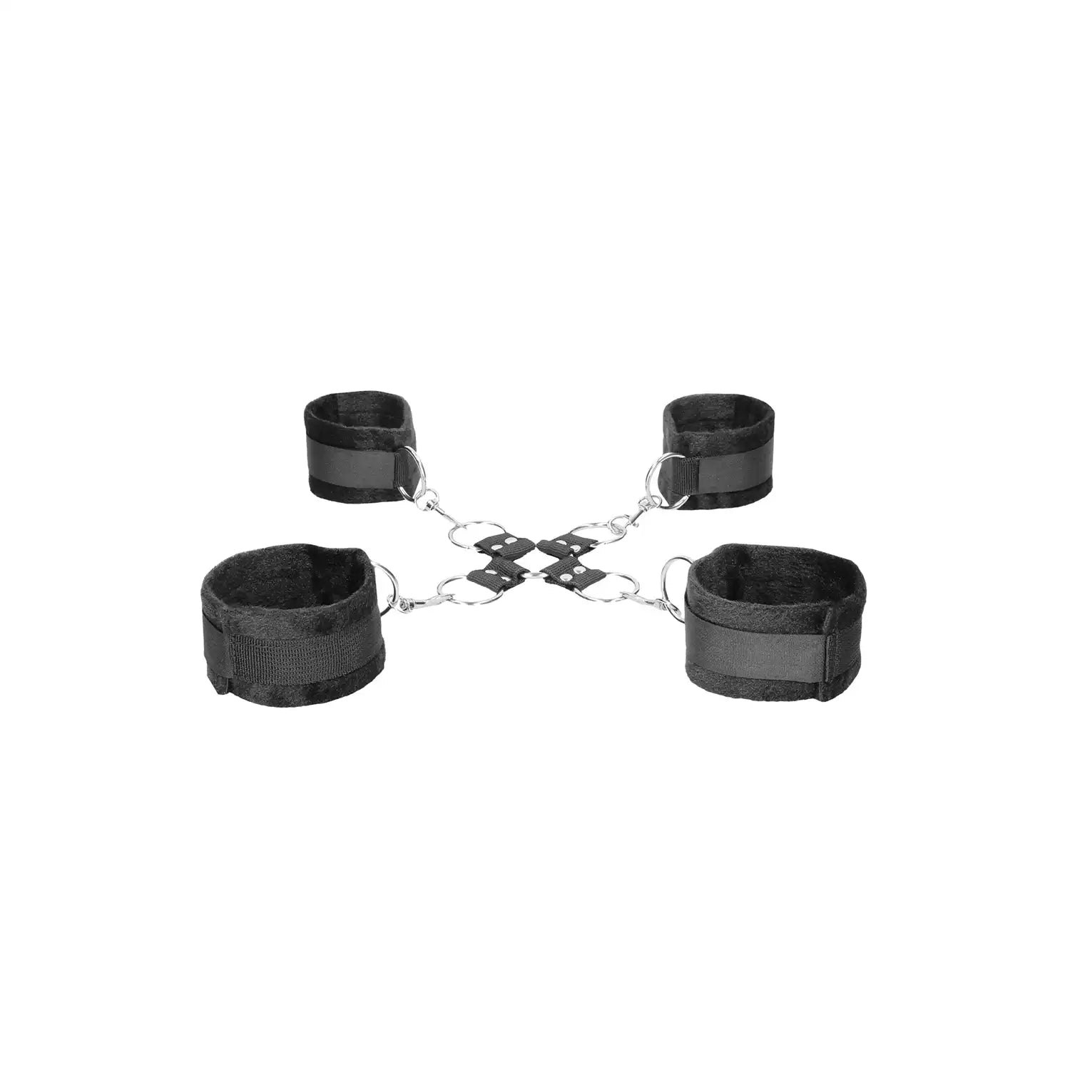 Black soft hogtie restraint set with adjustable wrist cuffs, ankle cuffs, and central connector harness.
