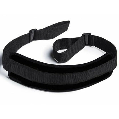 Soft material bondage positioning strap with padded support sections and adjustable straps.