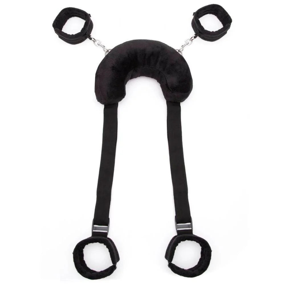 Soft material full body restraint kit with adjustable wrist cuffs, ankle cuffs, and connecting straps.
