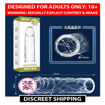 Soft silicone transparent reusable condom with crystal clear textured design and flexible construction.