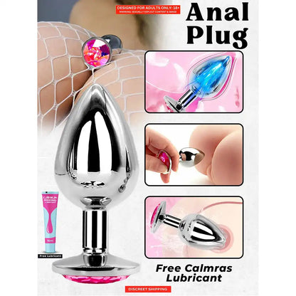 Stainless steel butt plug with mirror-polished finish and pink crystal gem base.