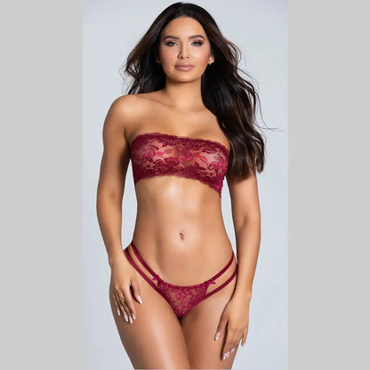  women's black two-piece lingerie set featuring a strapless floral lace bandeau bralette and a matching double-strap thong.