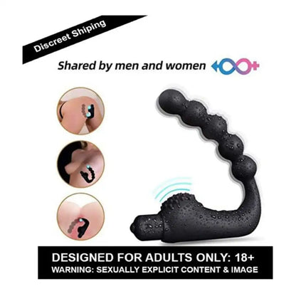 Black vibrating beads silicone massager with flexible curved design and graduated bead structure.