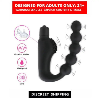 Black vibrating beads silicone massager with flexible curved design and graduated bead structure.