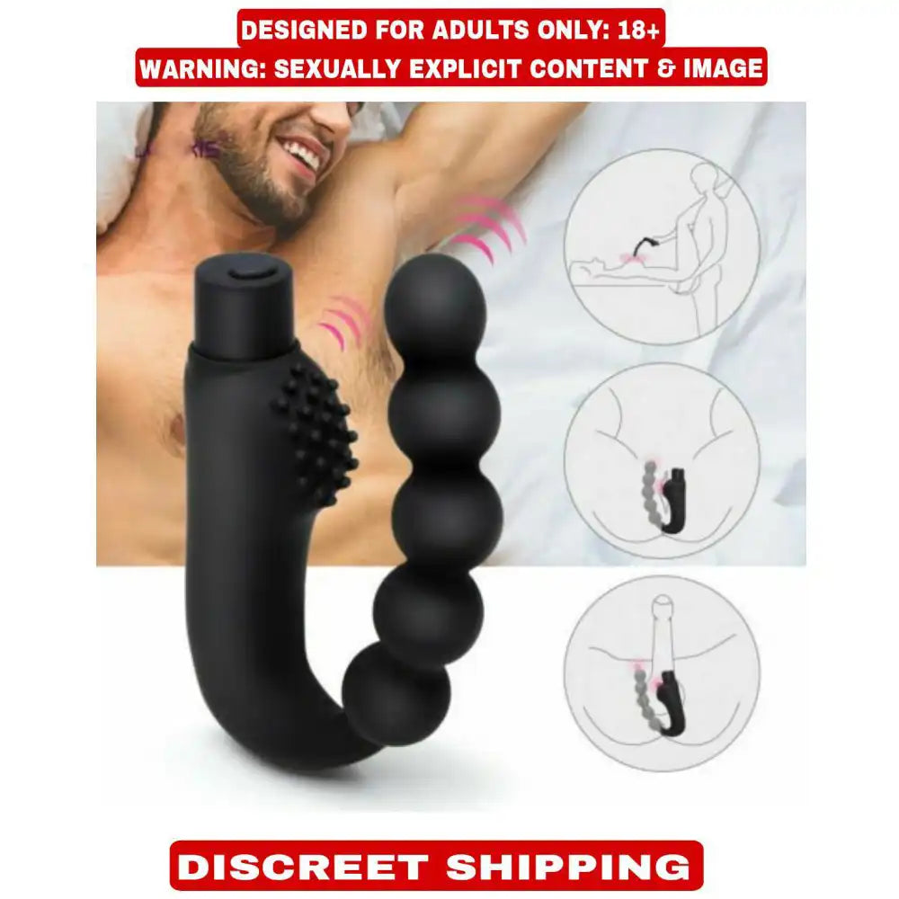Black vibrating beads silicone massager with flexible curved design and graduated bead structure.