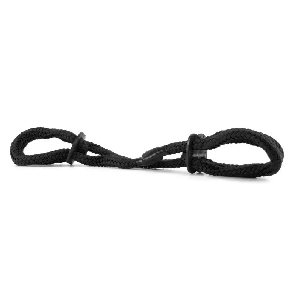 Black wide nylon ankle cuffs connected by an adjustable restraint strap.
