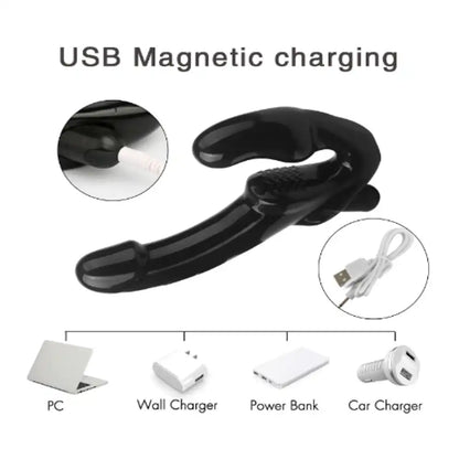 Wireless remote control double heads vibrating massager with magnetic USB charging and waterproof design.
