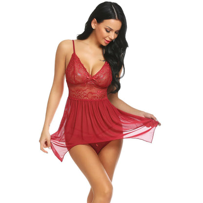 woman wearing  lace babydoll nightwear sheer mesh lingerie dress with asymmetrical hem India
