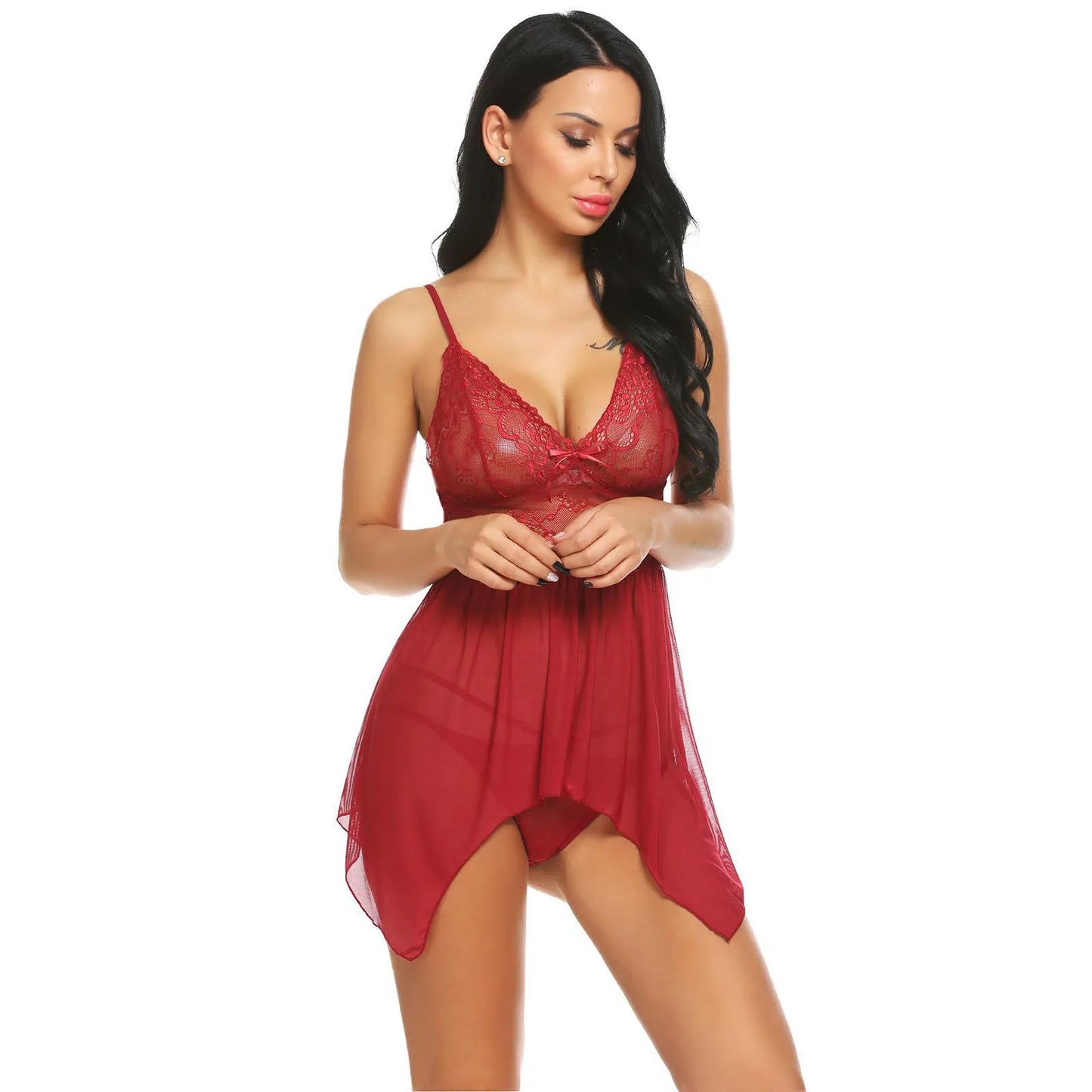 woman wearing  lace babydoll nightwear sheer mesh lingerie dress with asymmetrical hem India