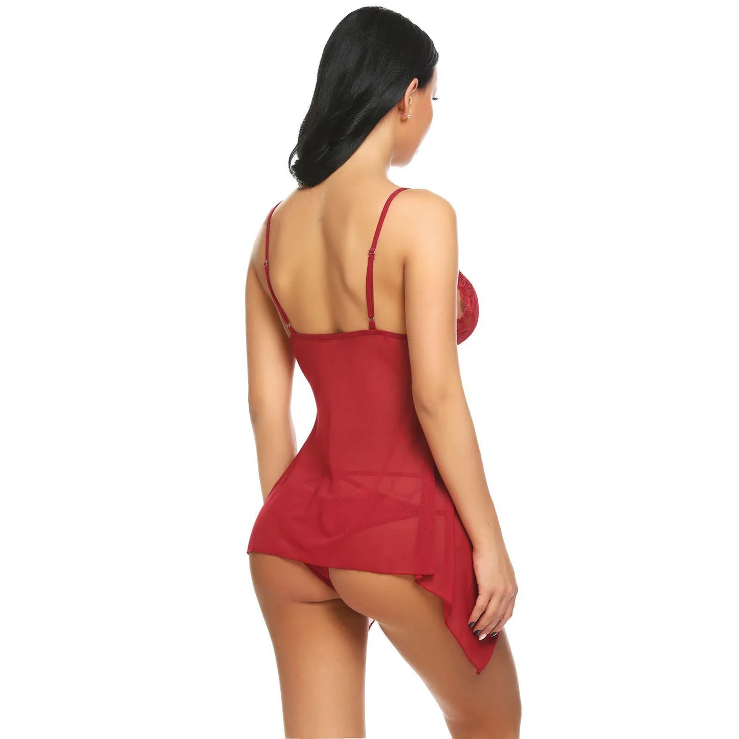 woman wearing  lace babydoll nightwear sheer mesh lingerie dress with asymmetrical hem India