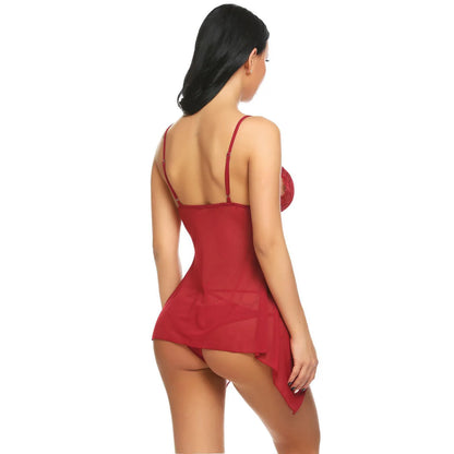 woman wearing  lace babydoll nightwear sheer mesh lingerie dress with asymmetrical hem India