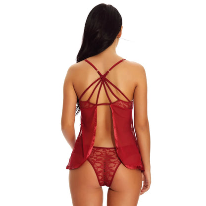 woman wearing  lace babydoll nightwear sheer mesh lingerie dress deep neck sleepwear India