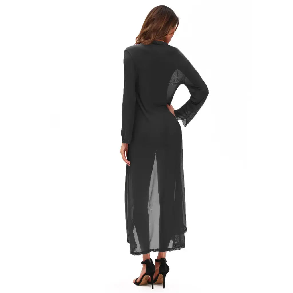 woman wearing  satin sheer maxi nightwear robe with matching panty