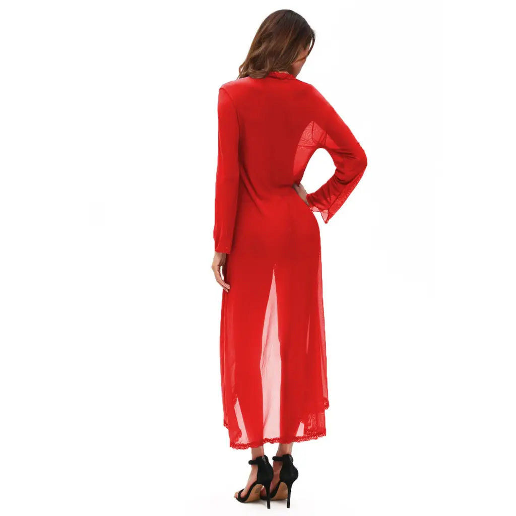 woman wearing  satin sheer maxi nightwear robe with matching panty