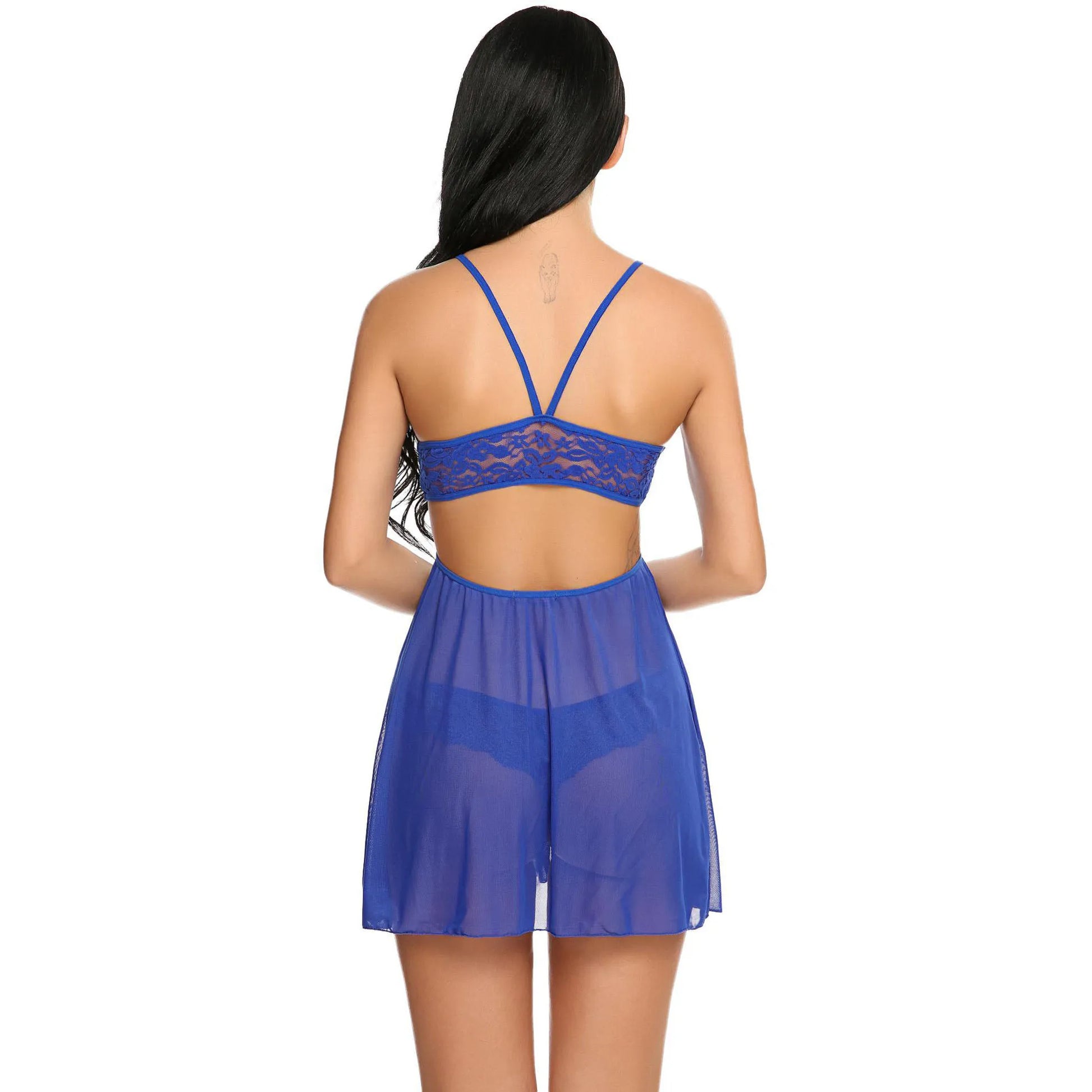 woman wearing  sheer mesh babydoll lingerie dress with cross strap transparent nightwear stylish innerwear India
