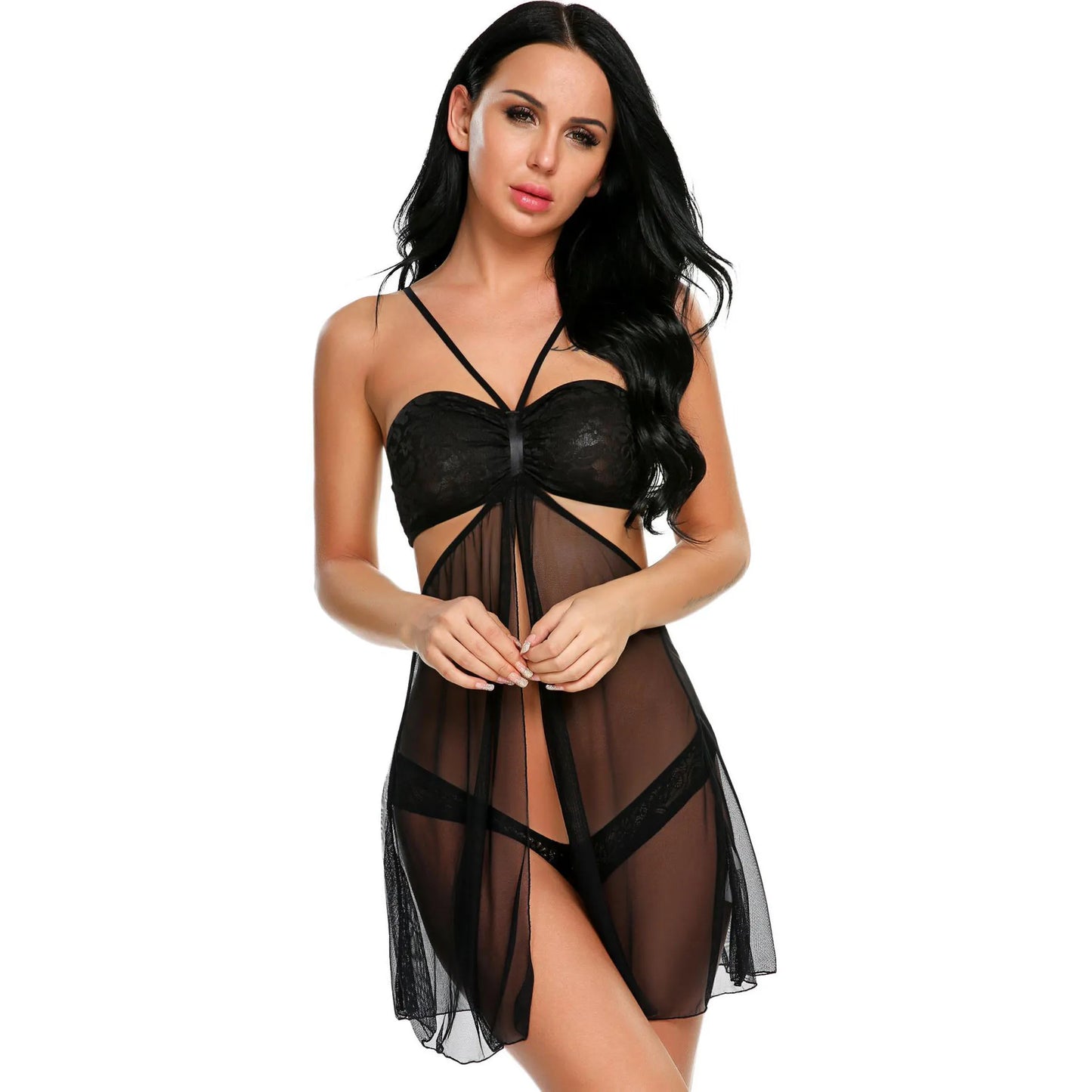 woman wearing  sheer mesh babydoll lingerie dress with cross strap transparent nightwear stylish innerwear India
