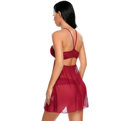 woman wearing  sheer mesh babydoll lingerie dress with cross strap transparent nightwear stylish innerwear India
