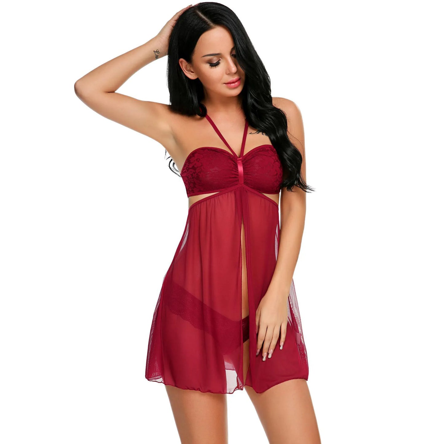 woman wearing  sheer mesh babydoll lingerie dress with cross strap transparent nightwear stylish innerwear India
