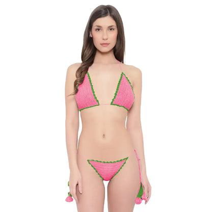 woman wearing Multicolor cotton crochet triangle bikini lingerie set