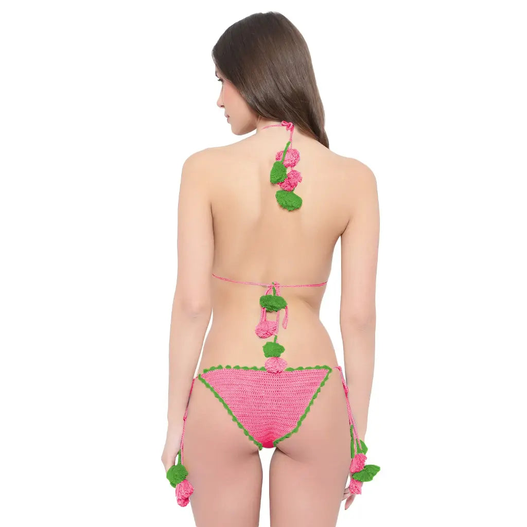 woman wearing Multicolor cotton crochet triangle bikini lingerie set