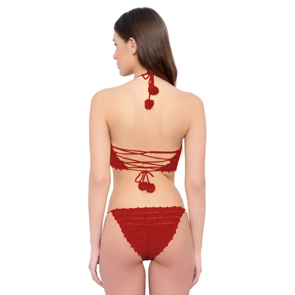 woman wearing Multicolor cotton crochet tube bikini lingerie set