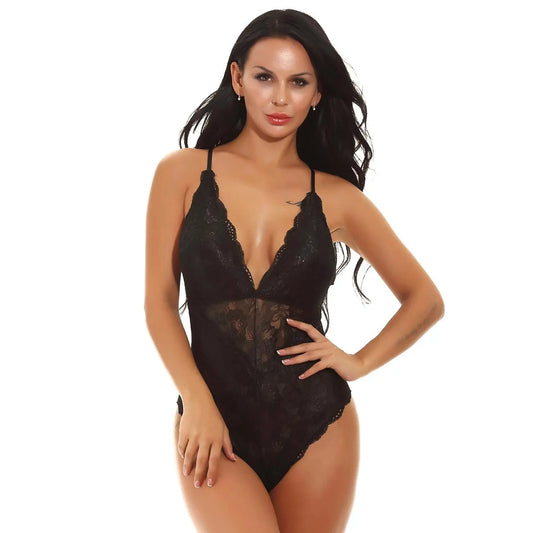 woman wearing Multicolor lace deep neck teddy bodysuit with floral lace design