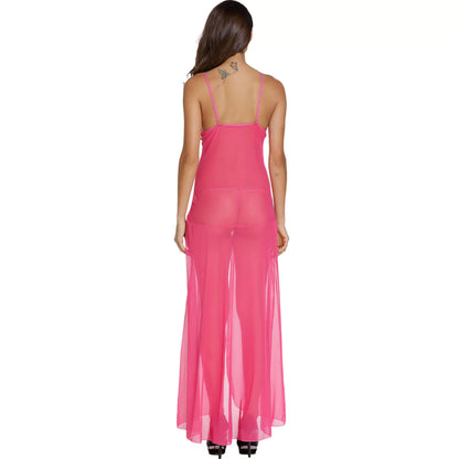 woman wearing Multicolor sheer lace maxi nightwear dress with thigh slit and matching panty