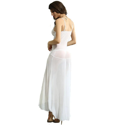 woman wearing Multicolor sheer lace maxi nightwear dress with thigh slit and matching panty
