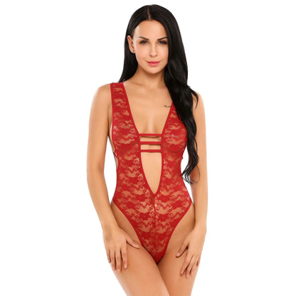 woman wearing  Multicolor lace deep v teddy bodysuit with floral lace design
