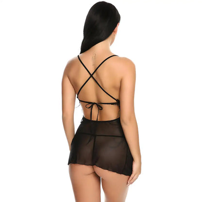 woman wearing black deep neck babydoll sheer mesh lingerie dress with eyelash lace stylish nightwear India
