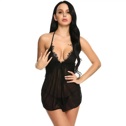 woman wearing black deep neck babydoll sheer mesh lingerie dress with eyelash lace stylish nightwear India