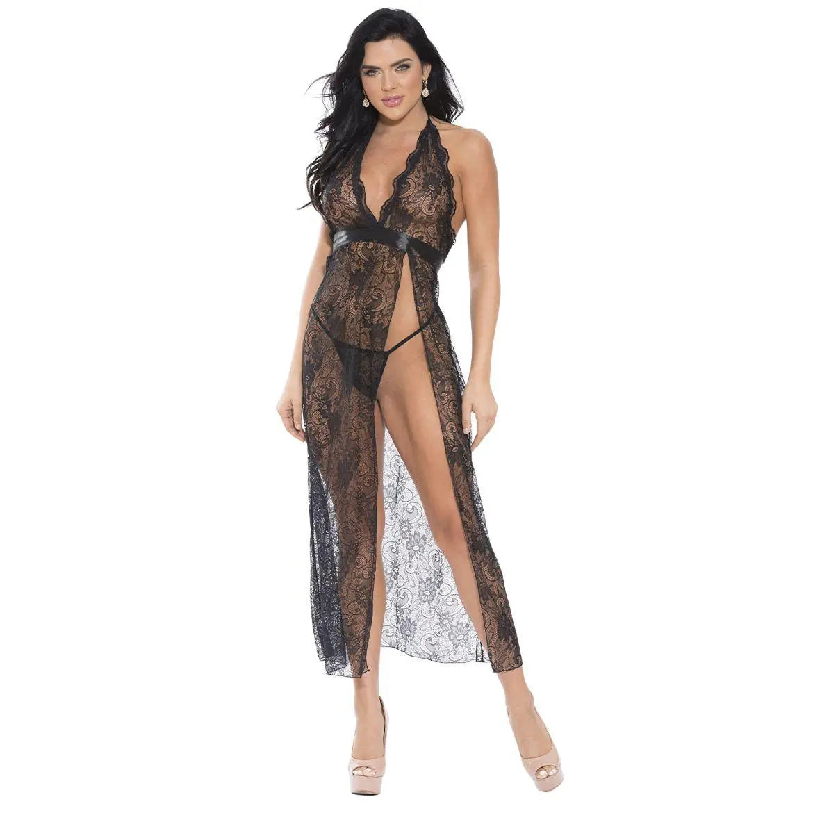 woman wearing black lace sheer long nightdress with plunge neckline and high slit design

