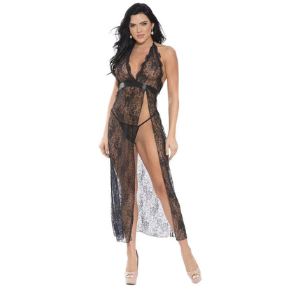 woman wearing black lace sheer long nightdress with plunge neckline and high slit design
