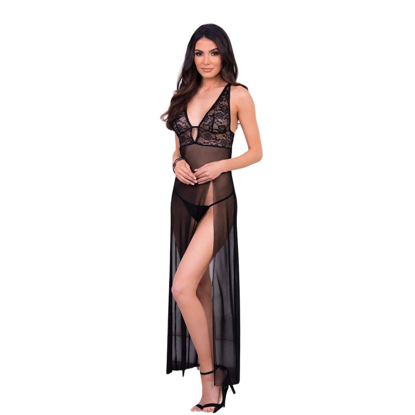 woman wearing black sheer mesh lace long nightdress with deep V-neck and side slit design