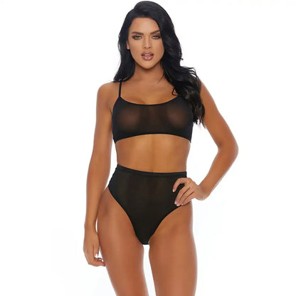 woman wearing black sheer mesh lingerie set with bralette and high-waist panty