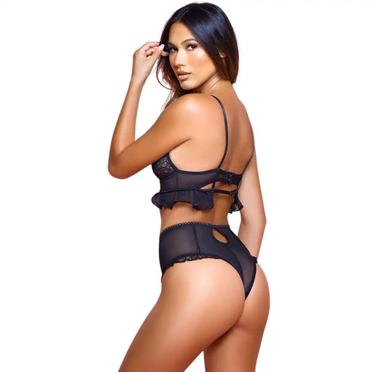 woman wearing black sheer mesh lingerie set with ruffle bralette and high-waist panty