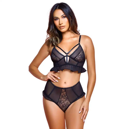 woman wearing black sheer mesh lingerie set with ruffle bralette and high-waist panty