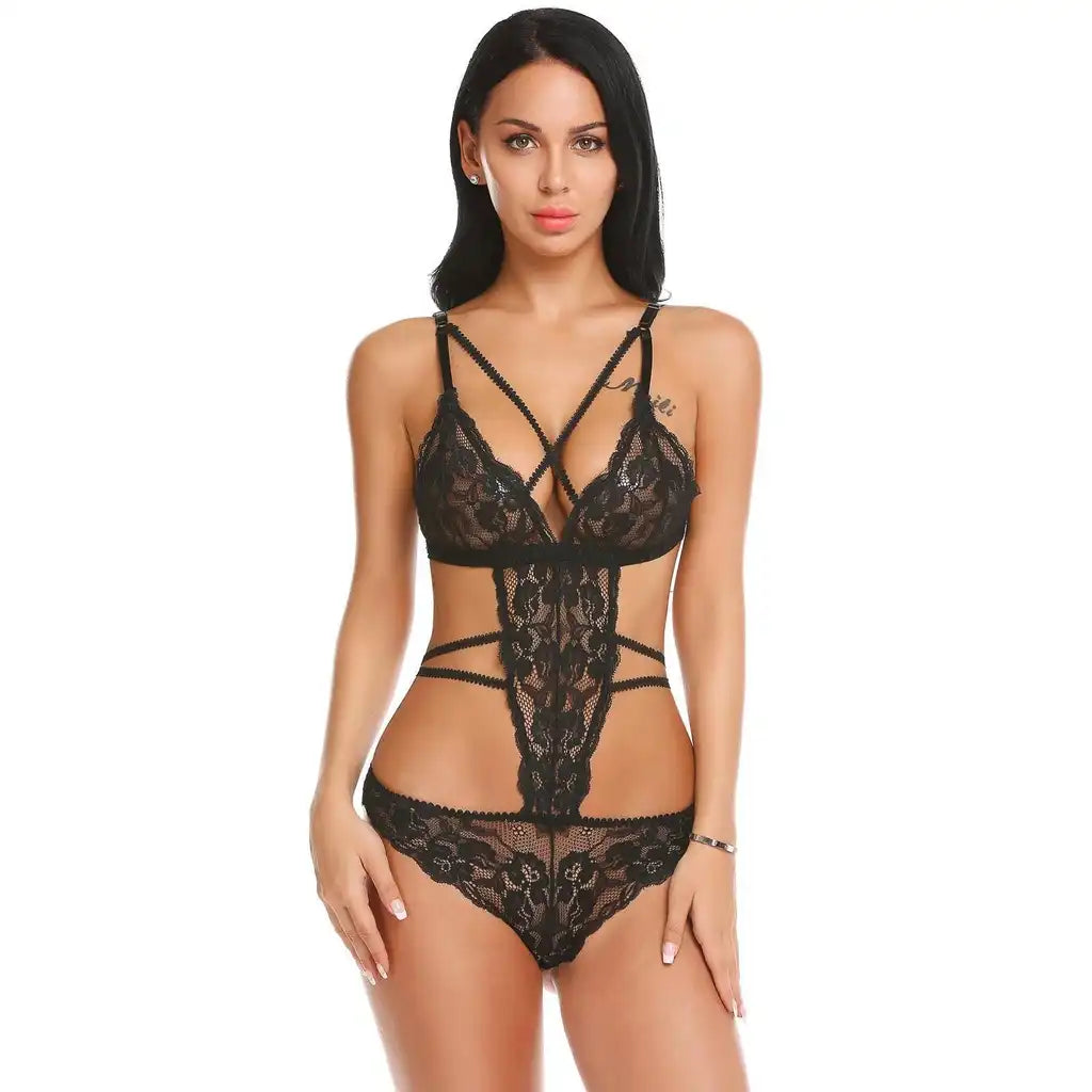 woman wearing black strappy floral lace teddy lingerie bodysuit