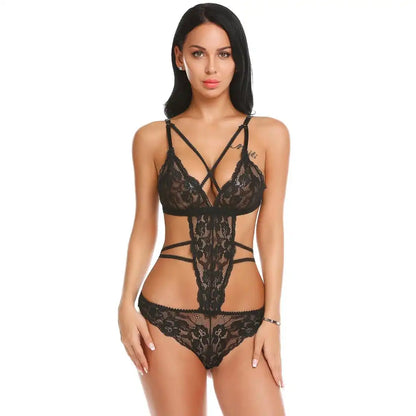 woman wearing black strappy floral lace teddy lingerie bodysuit