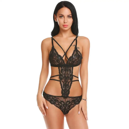 woman wearing black strappy floral lace teddy lingerie bodysuit