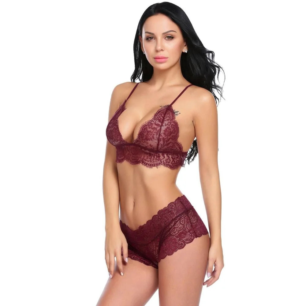 Women floral lace lingerie set with sheer bralette and matching lace shorts.