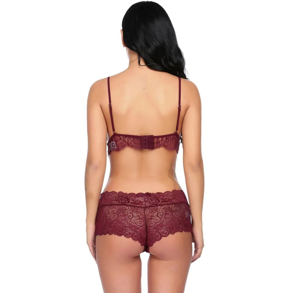 Women floral lace lingerie set with sheer bralette and matching lace shorts.