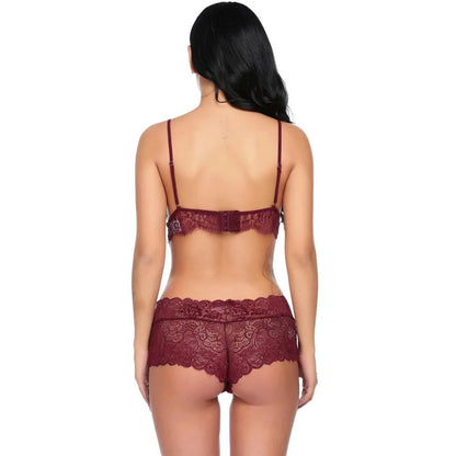 Women floral lace lingerie set with sheer bralette and matching lace shorts.