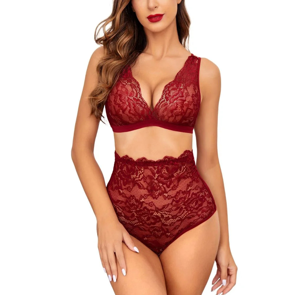 Women floral lace lingerie set with deep neck bralette and matching high-waist lace panties.
