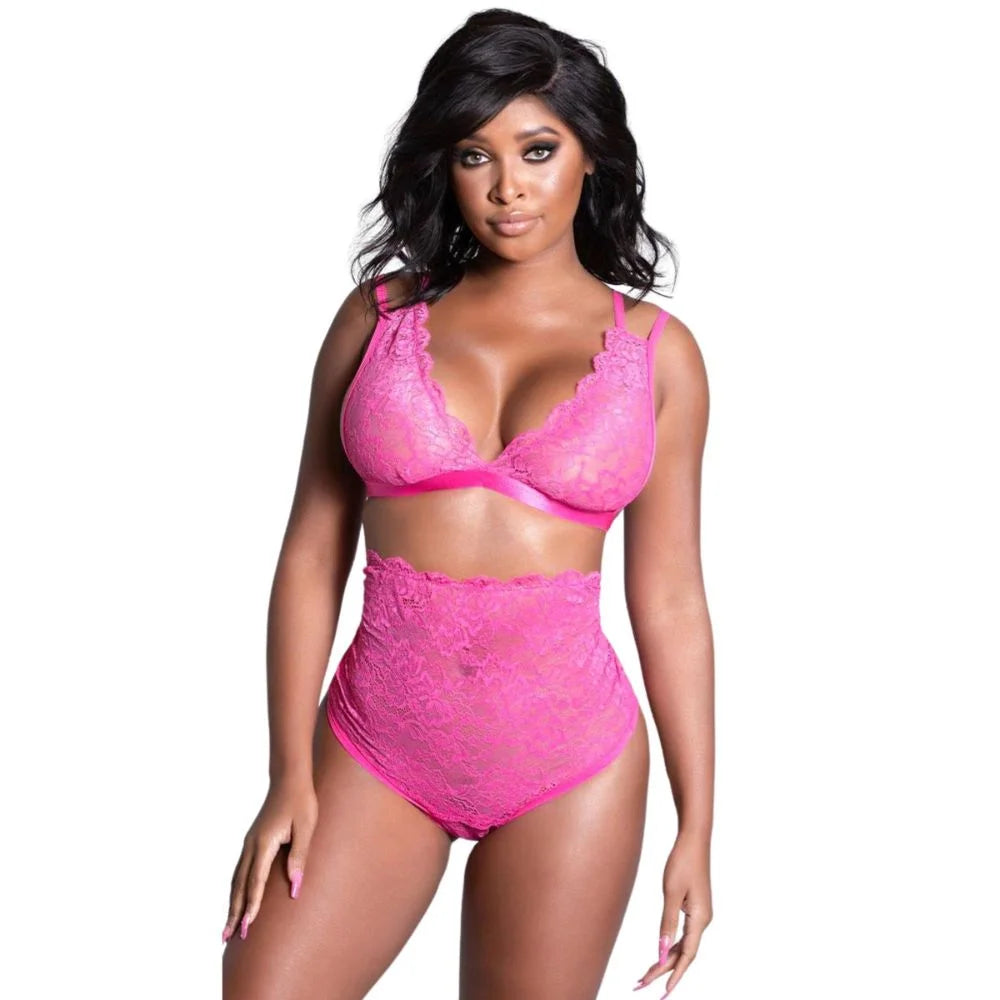 Women floral lace lingerie set with deep neck bralette and matching high-waist lace panties.
