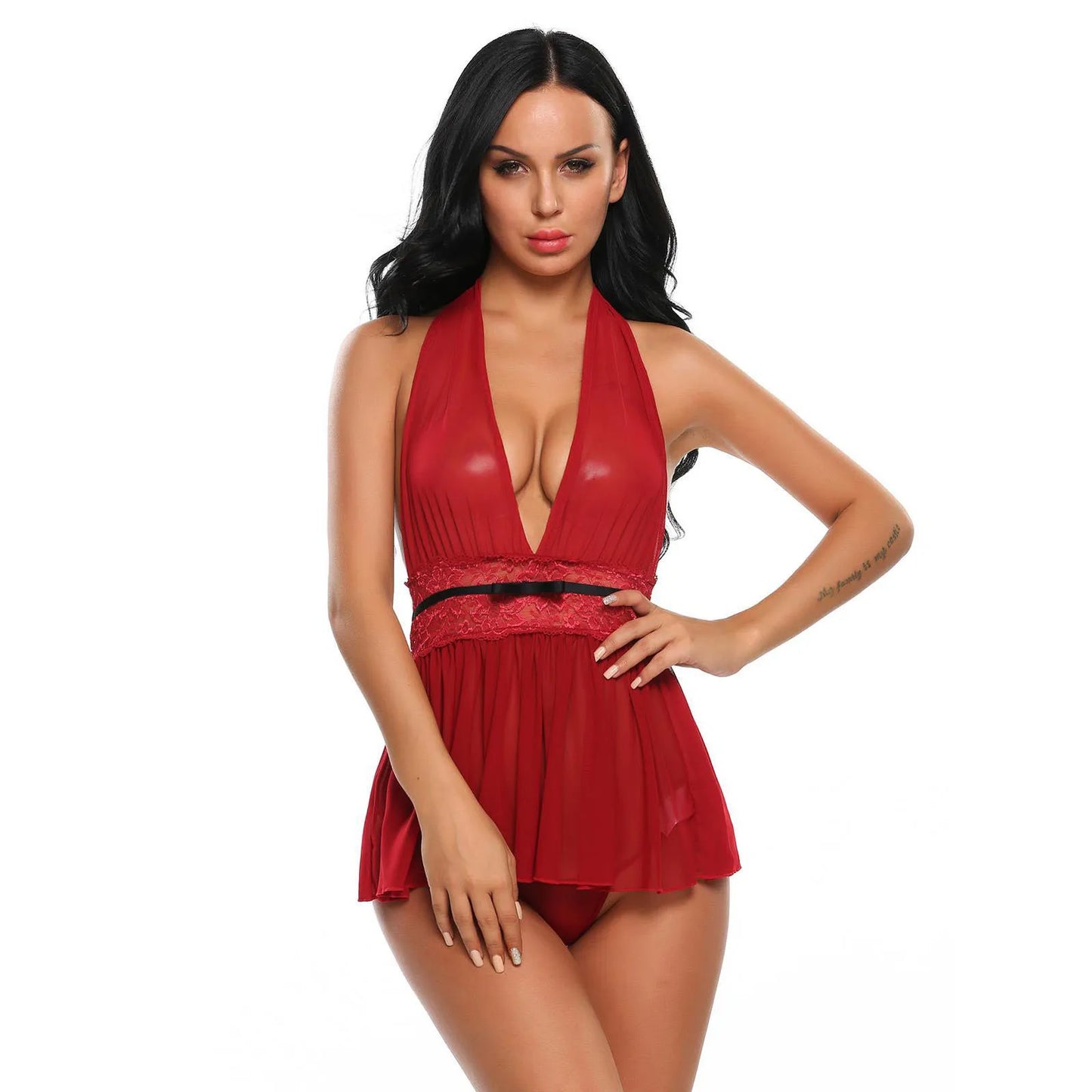 woman wearing halter deep neck babydoll lingerie set with lace waist flowy nightwear India
