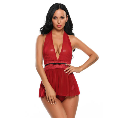 woman wearing halter deep neck babydoll lingerie set with lace waist flowy nightwear India